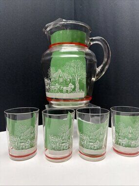 Hazel Atlas Pitcher & 4 Glasses 1950’s Era, 2 Scenes See Photos & Description